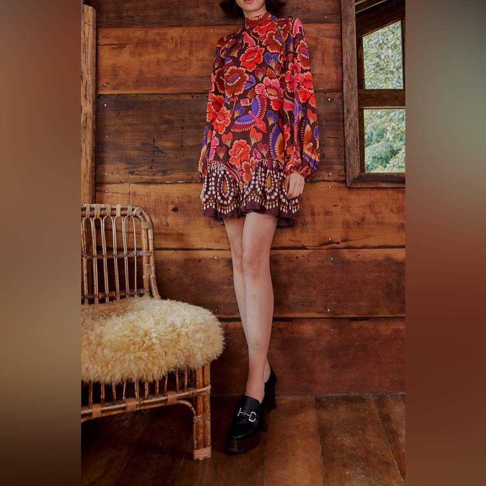 FARM Rio Floral Long Sleeve Dress - Red Brown Purple - Picture 4 of 12